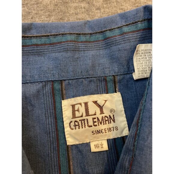 Ely Cattleman Shirt Mens X-Large Blue Striped Short Sleeve Western Pearl Snaps - Picture 3 of 6